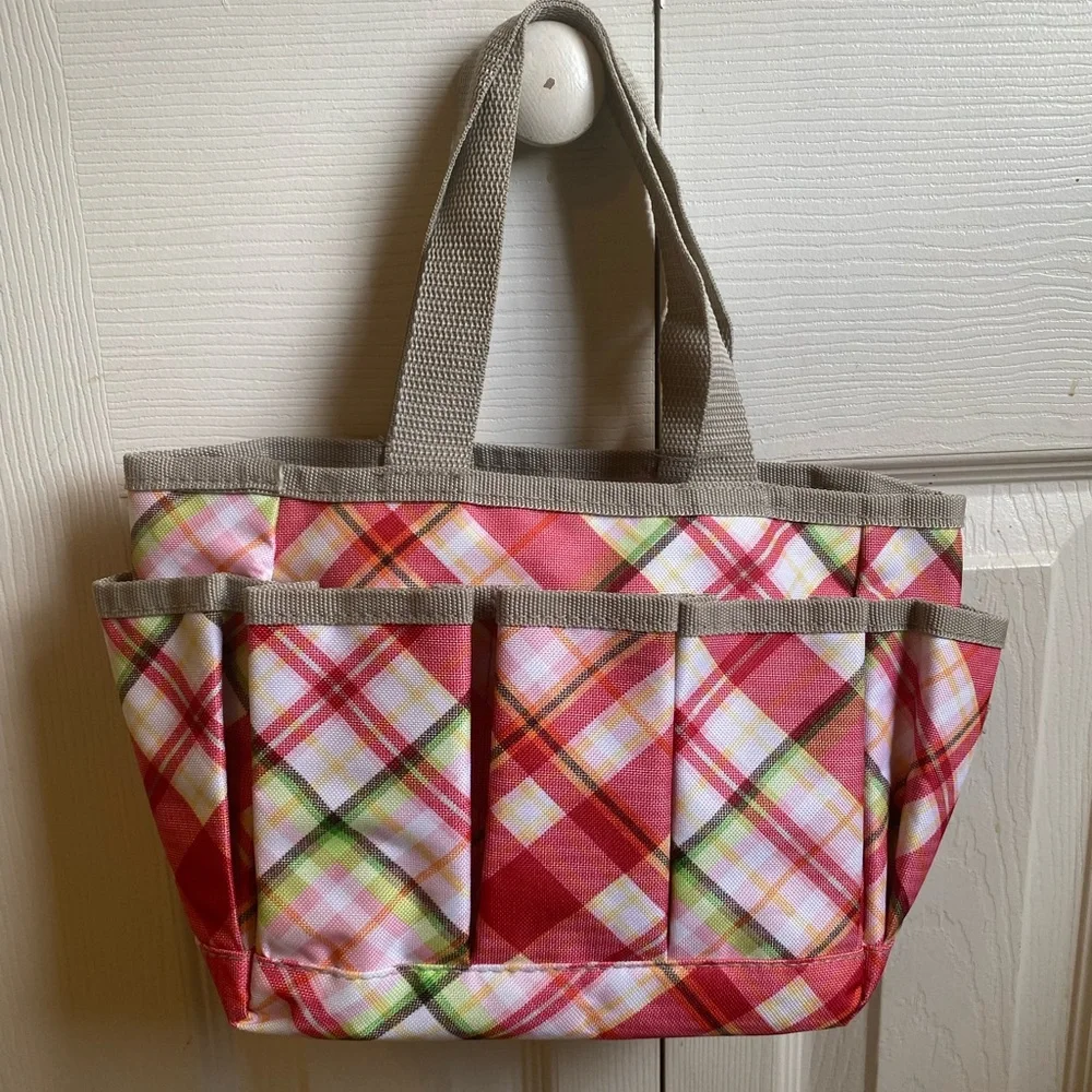 thirty-one Pink Plaid “Mad for Madras” Mini Tote- Red Monogrammed N - Picture 3 of 5